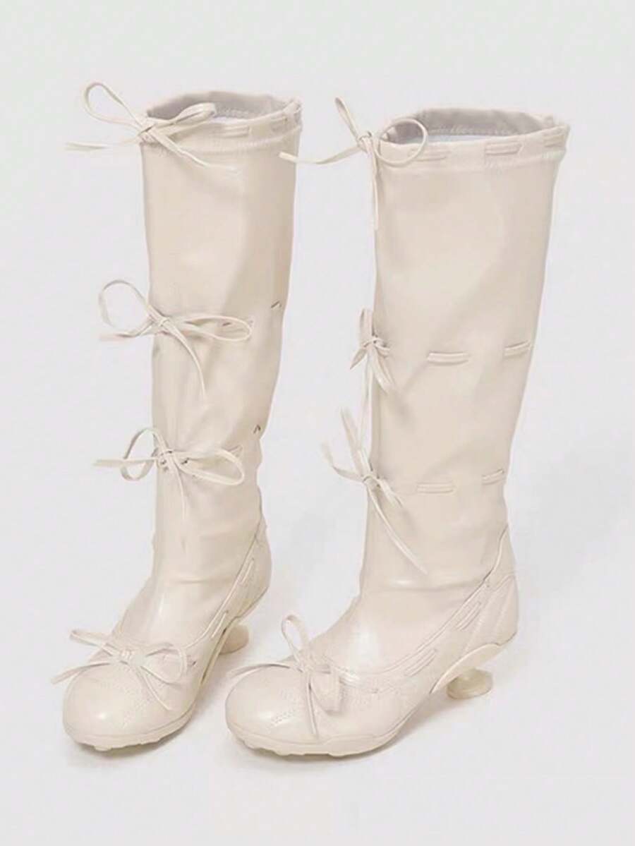 2025 New Kitten Heel Ruched Tall Stacked Boots, Pointed Toe Over-The-Knee High Boots, Vintage Wide Shaft Riding Boots - White - View 1