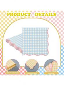 20/60/80/100pcs Disposable Pastel Gingham Napkins 4 Colors Pastel Scalloped Edge Tissue Thick 2-Ply Paper Disposable Gingham Napkins For Party Dinner Birthday Celebrations 5 X 5 Inches - View 4