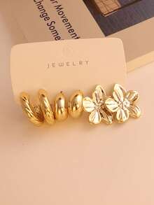 6/18pcs Asymmetrical Geometric C-Shape Floral Classic Earring Set, Fashionable CCB Earrings, Retro Chic Daily Wear Jewelry - Perfect Gift For Party, Date, Holiday - Gold - View 6