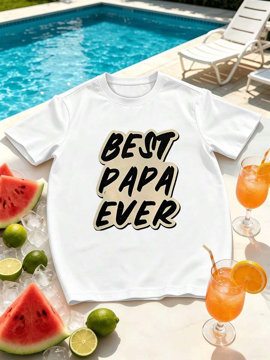 T-shirt graphique homme << Meilleur papa du monde » pour l'automne, 100 % coton, coupe ample, respirant, décontracté, imprimé - Blanc - Voir 1