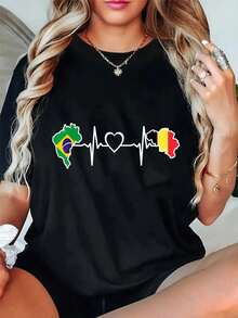 100% Cotton T-Shirt With Printed Brazilian And Belgian Flags, Brazilian And Belgian Heartbeat Design, Unisex, Perfect For - Black - View 1
