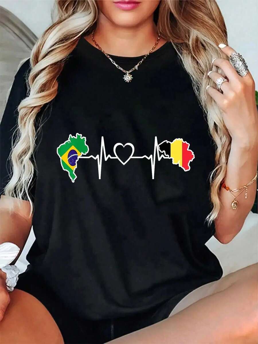 100% Cotton T-Shirt With Printed Brazilian And Belgian Flags, Brazilian And Belgian Heartbeat Design, Unisex, Perfect For - Black - View 1