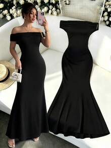 abyoxi Women's Black Cold Shoulder Ruched Waist Slim Fit Short Sleeve Fishtail Long Dress, Elegant, Sexy, Party, Wedding Guest, Date, Formal Dinner, Summer Autumn Bodycon Maxi Dresses - Black - View 5