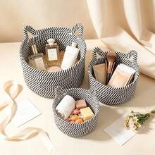 1pc/3pcs Handmade Woven Cat Design Rope Storage Basket, Cat Ear Decor Woven Desktop Storage Basket, Suitable For Living Room, Bedroom, Desktop, Bedside, Bathroom, Dorm, Home Atmosphere Decor, Modern Bohemian Rope Hanging Basket, Natural Mixed Rattan Decor, Perfect For Back To School Season - Black and White - View 9