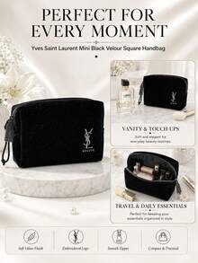 YSL Saint Laurent Mini Black Velvet Makeup Bag 12*10cm, Glitter Velvet Fabric With Embroidery, Smooth Metal Zipper, Compact And Portable, Ideal For Makeup Storage And Gifting - Black - View 9