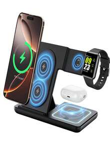 Foldable 3-In-1 Wireless Charging Station, 15W Fast Magnetic Charging Base, Adjustable Dual-Angle Stand, Supports Simultaneous Charging For Qi Phones, Smartwatches And Bluetooth Earphones, Compact Foldable Travel Design, ABS Material With Soft Ambient Indicator Light, Built-In Induction Coil, Stable Charging - Pink - View 9