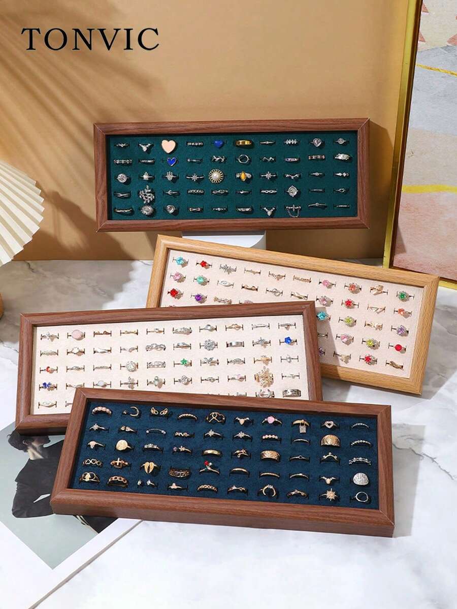 TONVIC 1PC/2PCS Vintage Ring Tray Creative Walnut Color Ring & Earring Storage Display Prop - 35X14X3 Wooden Jewelry Tray - View 1
