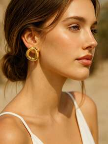 VJS 1 Pair European And American INS Style Exaggerated Geometric Hoop Earrings, Vacuum Plated Gold Stainless Steel Stud Earrings, Suitable For Commuting, Daily Shopping, Dating, Vacation, Party, Workplace Outfit, Gift Giving - Geometric Hoop Earrings - View 2