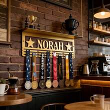 1pc Customized Metal Medal & Trophy Display Rack - Personalized Star Design With Name Logo, Easy Install Home Wall Decor, 12 Hooks & Medal Holder For Personal Honor Medals - Father's Day, Independence Day, Thanksgiving Gift, Running Medal Hanger - Gold - View 3