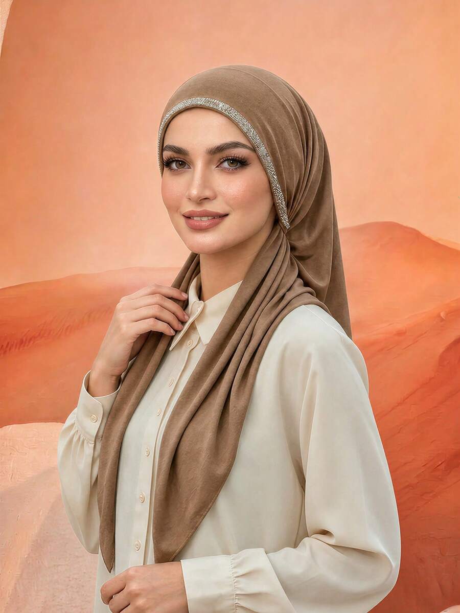 1PC/2PCS Women's Triangle Solid Color Rhinestone Headscarf, Non-Slip Islamic Solid Color Casual Under Cap, Simple Versatile, Soft Comfortable Skin-Friendly, Suitable For Daily Wear, Suitable For All Seasons - 1PC-light Brown Color - View 1