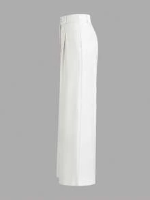 Pantalones largos de verano para mujer, pantalones de pierna ancha minimalistas de cintura alta con pliegues delanteros y fluidos, pantalones de oficina elegantes de color beige sin bolsillos, adecuados para atuendos de otoño - Blanco - Ver 7