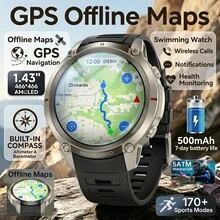 KENPANG Offline Map Men's Smartwatch, Built-In GPS, Downloadable Offline Maps, Navigation Without Phone, 5ATM Waterproof, Swimming Sports Watch, 170+ Sports Modes, Outdoor Compass/Altimeter/Barometer, Wireless Calling, Message Notifications, Weather Forecast, GPS Positioning. 1.43-Inch 460*460 Ultra-Clear AMOLED Screen. Zinc Alloy Anti-Drop Dual-Color Case. Men's And Women's Fitness Tracker, Compatible With IOS And Android - View 3