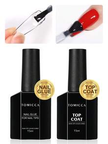 TOMICCA 2件組 15ml 假指甲膠水與頂層亮油套組－LED/UV燈快速固化、浸泡式可卸除、長效黏合假指甲膠水與亮面頂層油，適用DIY美甲、居家沙龍 - 無色 - 查看 1