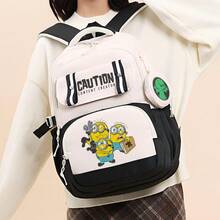 Miniso Sac à dos quotidien large en deux pièces style coréen Minion, bloc de couleurs noir et blanc, avec slogan CAUTION CONTENT CREATER, porte-monnaie rond avec motif fantôme vert, Pe - Couleur 1 - Voir 2