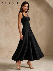ALIAO Damen Herbst/Winter Satin Quadratischer Ausschnitt Ärmellos geschwungene Taille ausgestelltes Kleid, eleganter formeller Stil, Ausgehen Partykleid Schwarz Sommer - Schwarz - Übersicht 2
