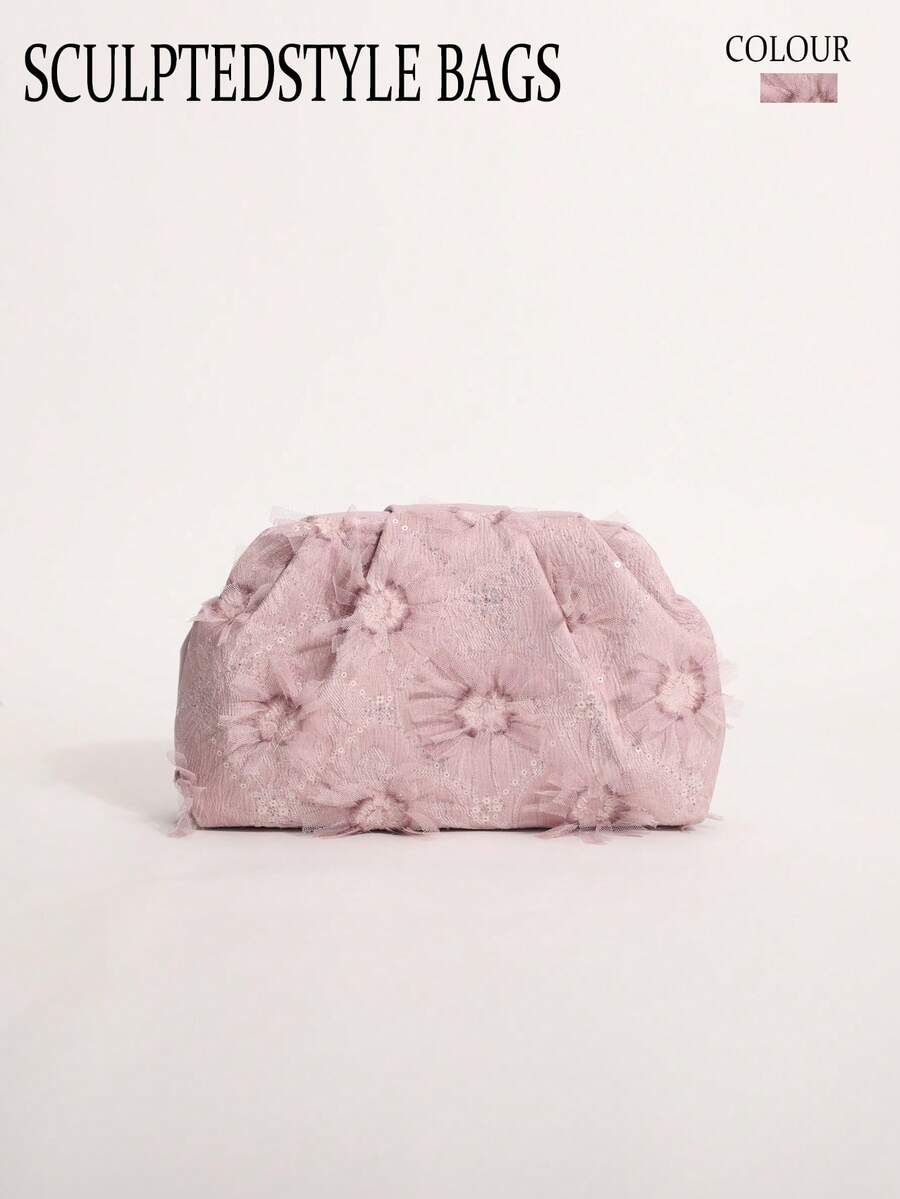 SCULPTEDSTYLE BAGS 1件裝 新鮮閃粉亮片 3D花朵流蘇 壓褶底布料刺繡花朵拼接 PU壓褶雲朵包 時尚亮片晚宴風女款手拿包 休閒度假派對適用(花朵亮片圖案隨機發貨) - 藕粉色 - 查看 1
