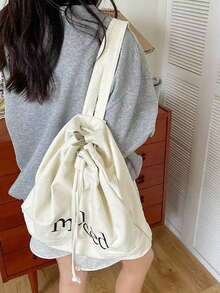 Mochila estilo coreano diseño de nicho estilo INS para ir al trabajo, uso diario, compras y actividades al aire libre, con letras bordadas, gran capacidad, nueva, con cordón, para estudiantes universitarios, de un solo hombro, tipo cubo, bolso escolar - Blanco - Ver 3