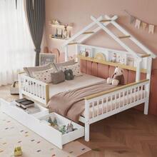 Cama infantil con protección anticaídas y barandilla, diseño de techo único, estante de almacenamiento de 2 m, dos con ruedas. - Blanco - Ver 1