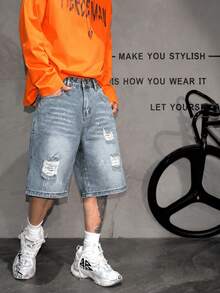 Pantalones cortos vaqueros desgastados y rotos para hombre, pantalones casuales sueltos lavados con vibración de longitud hasta la rodilla para verano - Celeste - Ver 5