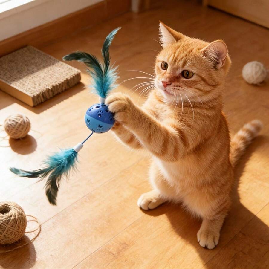 1pc Cat Toy Pet Toy Dog Toy Feather Rolling Toy, Made Of Simulated Feathers And Polyester Material - Multicolor - View 1