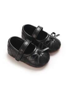 Black Quilted Bow Mary Jane Infant Shoes, Hook And Loop Soft Sole Anti-Slip Pre-Walker Shoes For Newborn Girls, Princess Style Leather Shoes - Black - View 1