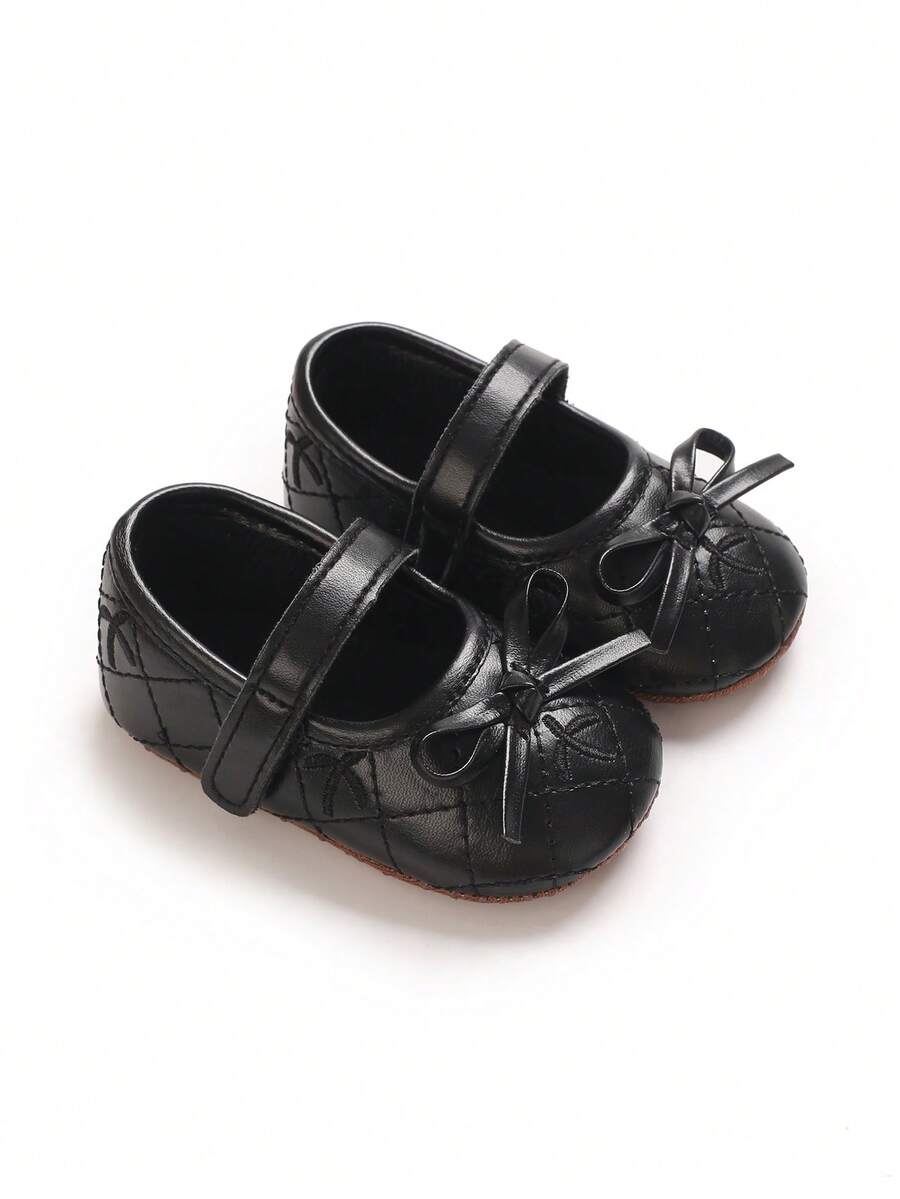 Black Quilted Bow Mary Jane Infant Shoes, Hook And Loop Soft Sole Anti-Slip Pre-Walker Shoes For Newborn Girls, Princess Style Leather Shoes - Black - View 1