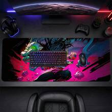 Neon Pink Anime Fighting Dragon Large Gaming Desk Mat, Cool Street Art Character Print Non-Slip Rubber Extended Mouse Pad, Waterproof Long Keyboard Pad, Gaming Computer Desktop Decoration - View 2