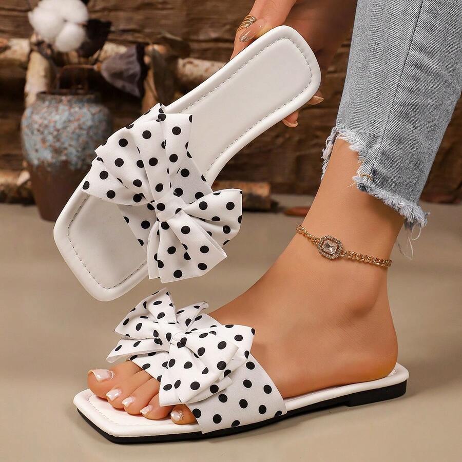 Women's Rhinestone Decor Square Toe Open Toe Flat Slip-On Slide Sandals, White Summer Casual Daily Vacation Beach Sandals - White - View 1