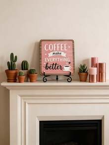 1pc "Coffee Makes Everything Better" Wooden Desktop Decor Sign, Pink Rustic Coffee Bar Decor Sign With Metal Stand, Farmhouse Coffee Theme Desktop Decoration, Suitable For Home Coffee Corner, Kitchen Countertop, Coffee Shop And Coffee Lover Gift - Coffee Sign 2 - View 5