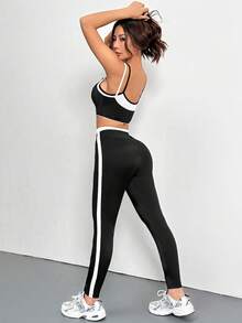 2pcs Women's Fashion Tight Top And Leggings Set, Perfect For Outdoor Casual Wear Or Sports - Black - View 2