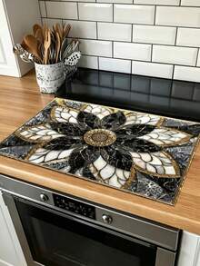 1pc 2D Flat Luxury Black Golden For Lotus Marble Pattern Stove Protector Mat, Wear Resistant, Dirt Resistant, Durable, Easy To Clean, Reusable, Suitable For Travel, Gas Stove, Washing Machine, Kitchen Essentials, Home Decor, Vacation Essentials - a - 查看 5