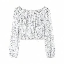 Crop Top Wanita Lucu dengan Bahu Terbuka dan Lengan Mengembang, Motif Polkadot, Lengan Panjang dengan Bahu Terbuka, Cocok untuk Pakaian Sehari-hari dan Liburan. - Putih - View 8