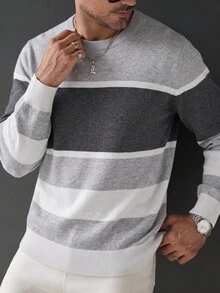 SU ER 1pc Men's Casual Striped Knit Sweater, Autumn/Winter - Grey - View 4
