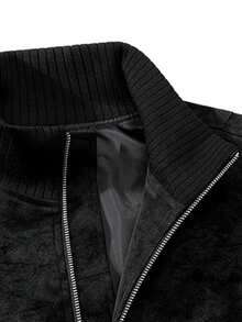 Men's Autumn/Winter Zipper Baseball Jacket | Stand Collar, Vintage Distressed Faux Suede Texture, Ribbed Cuffs & Hem, Side Pockets + Inner Pockets, Casual Streetwear Jacket - Black - View 8