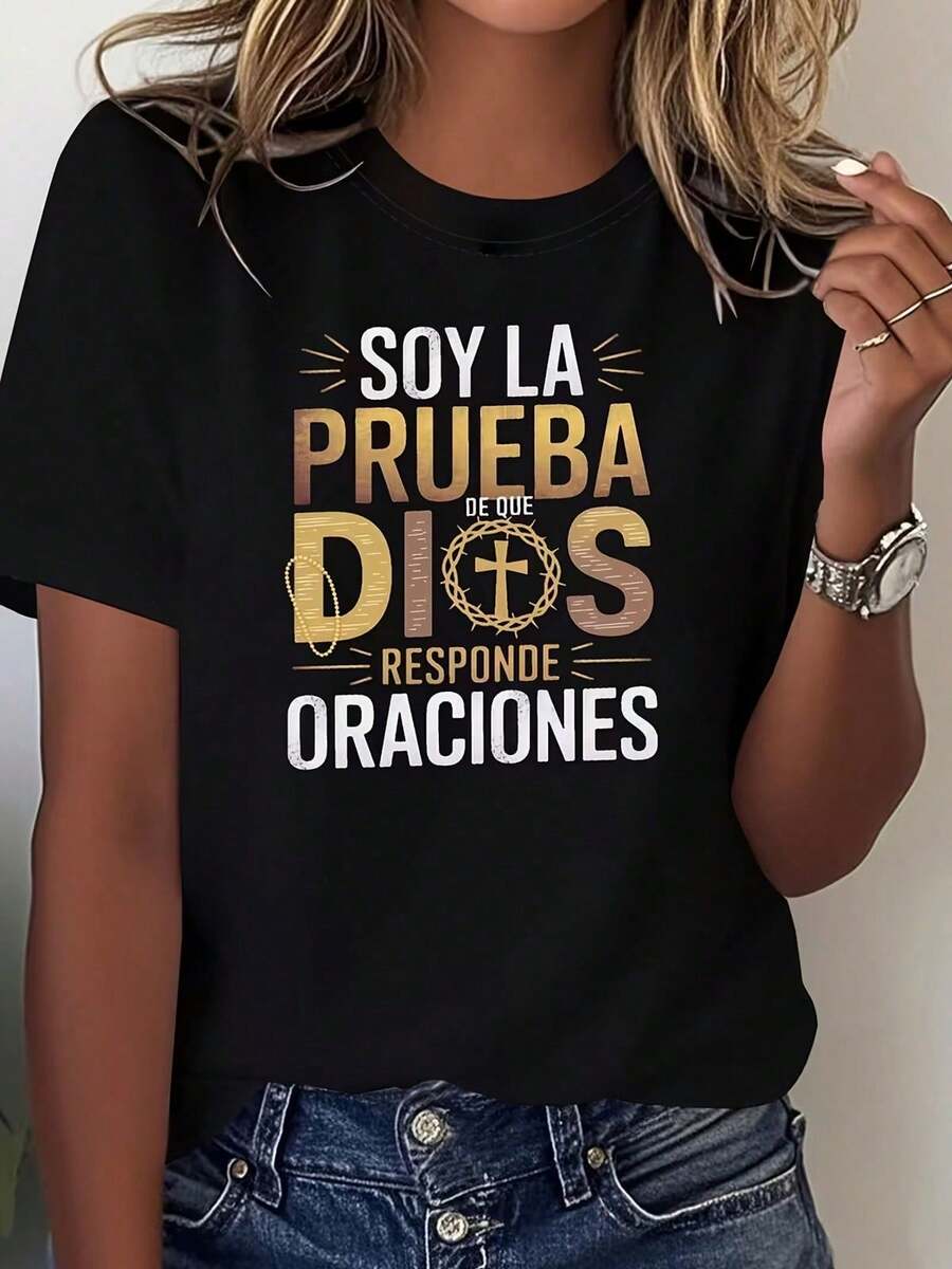 SommeroberteileIch bin der Beweis, dass Gott Gebete erhört |   Lässiges Damen-T-Shirt mit Rundhalsausschnitt, kurzen Ärmeln und leicht dehnbarem Stoff für Frühling/Sommer. Sommermode Damen-T-Shirt mit Blumenmus - Schwarz - Übersicht 1