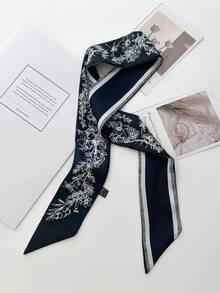 1PC Women's Spring/Summer Faux Silk Floral Print Ribbon Decorative Scarf, Versatile Accessory For Bag Tie, Hairband, Daily Wear - Navy Blue - View 4