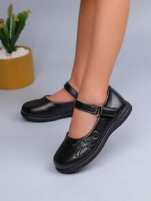 Girls' Formal Mary Jane Shoes With Butterfly Embroidery, Soft Sole, Non-Slip, School Uniform Stage Ballet Shoes - Black - View 6