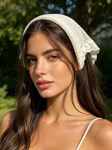 1 pieza Pañuelo triangular de mujer beige con encaje calado de punto, envoltura de cabeza de malla transpirable sin nudo, accesorio para el cabello de estilo pastoral francés exquisito y dulce, adecuado para peinado suave de media coleta diario y atuendo casual - Albaricoque - Ver 7