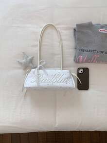 1pc Large Capacity Women's Shoulder Bag, Solid Color Fashion Bowling Bag, Zipper Closure, Letter Embroidery Decoration (Star Charm Not Included), Daily Use Bag, Suitable For Young Women - Travel, Shopping, Classroom, Date, Women's Gift, Office, Work, Travel - White - View 9