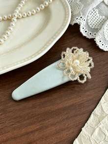 1pc Elegant Rhinestone & Faux Pearl Flower Decor Blue & Pink BB Hair Clip, Luxury Side Hairpin New Hair Accessory,Hair Barrettes - Multicolor - View 10