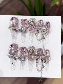 10 buah Kuku Palsu Tempel Buatan Tangan Motif Gradien Pink, Bentuk Mata Kucing, Hiasan Berlian Imitasi Tebal, Pita, Hati, dan Mutiara, Kuku Panjang, Lancip, Dapat Dilepas dan Dipakai untuk Sehari-hari, Pesta, Liburan, Cocok untuk Wanita dan Anak Perempuan sebagai Hadiah, Dilengkapi Kotak Penyimpanan - Baby Pink - View 2