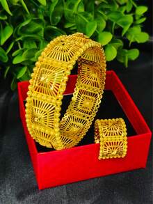 1 Pulseira 1 Anel Conjunto de Joias Xadrez Banhado a Ouro de Cobre 2 Peças Arábia Saudita Noiva Africana Casamento Banquete Joias Nupciais Presente de Feriado Decoração de Mão Embalagem em Caixa de Presente - Ouro amarelo - Visão 1