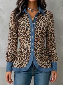 Women's Long Sleeve Petal Sleeve Button Contrast Leopard Print Collar Blouse - Multicolor - View 1