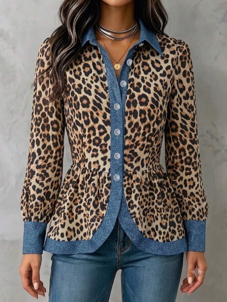 Women's Long Sleeve Petal Sleeve Button Contrast Leopard Print Collar Blouse - Multicolor - View 1