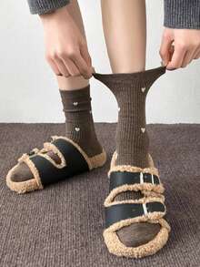 4 Pairs Women's Cute Heart Print Slouch Socks, Ribbed Knit Warm Mid-Calf Socks, Casual Daily Autumn/Winter Versatile Solid Color Socks - Multicolor - View 3
