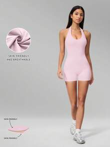 MFVIM Women V-Neck Halter Backless Yoga Bodysuit, Slim Fit Hip Lifting Short Jumpsuit For Running, Cycling, Pilates & Gym Workout - Baby Pink - View 5