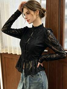 Women's New Chinese Style Black Top, Lace Jacquard Design, Slim‑Fit, Spring Autumn, For Concert Party Daily Wear - Black - View 5