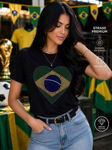 Women's T-Shirt With Brazilian Flag In Rhinestones, World Cup 2026 - 黑色 - 查看 6