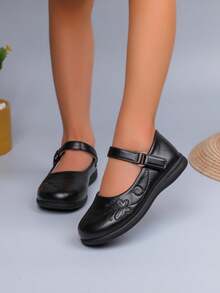 Girls' Formal Mary Jane Shoes With Butterfly Embroidery, Soft Sole, Non-Slip, School Uniform Stage Ballet Shoes - Black - View 4