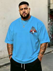 Men's Plus Size Casual Crew Neck T-Shirt, Polyester Knit Fabric, Comfortable And Breathable, Fashionable Fun Anime Boxing Shark Cartoon Print, Casual Street Pattern Design Fresh Series, Novel Personalized Top - Blue - View 2